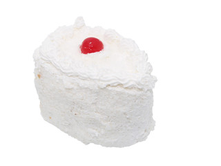 Cream cake with cherry on top.