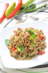 Spaghetti with basil and chili