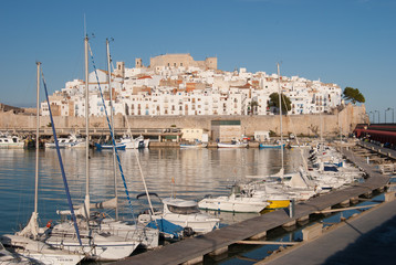 View of the medieval village from the harbor, Peñiscola Spain