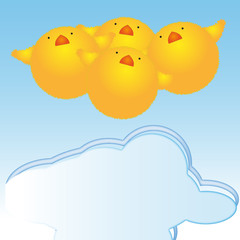 Easter chicks hanging in the blue sky on a cloud