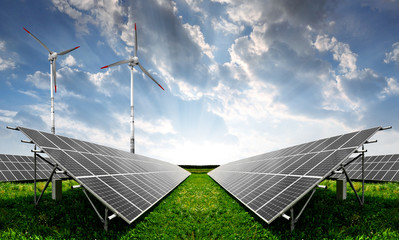 solar energy panels and wind turbine