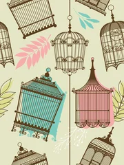 Cercles muraux Oiseaux en cages motif vintage avec des cages à oiseaux
