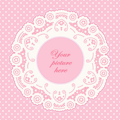 Vintage Lace Doily Frame, Pastel Pink Polka Dot Background