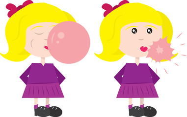 Girl blowing a bubble of gum, which then pops.