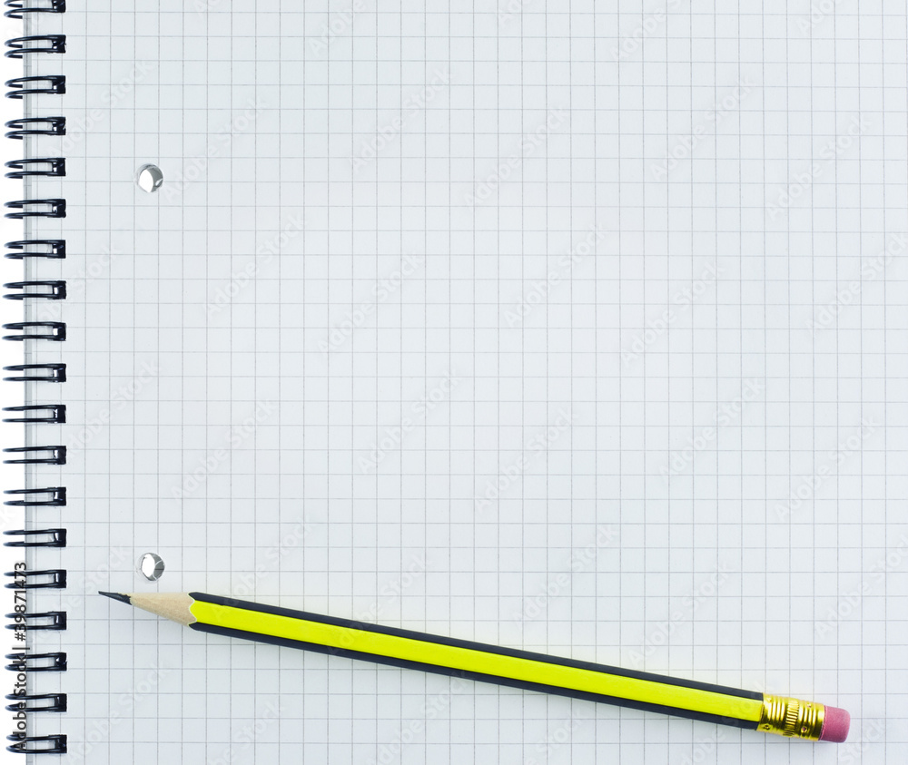 Poster opened notepad, notebook sheet with single pencil