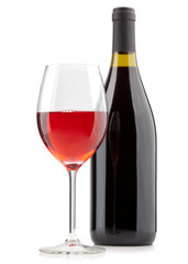 Red wine bottle  and glassisolated on white background.
