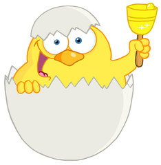 Happy Yellow Chick Peeking Out Of An Egg And Ringing A Bell