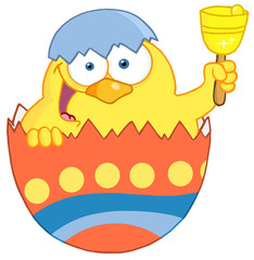 Yellow Chick Peeking Out Of An Easter Egg And Ringing A Bell