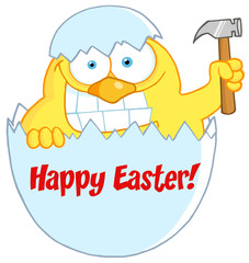 Yellow Chick Peeking Out Of An Egg Shell With Hammer