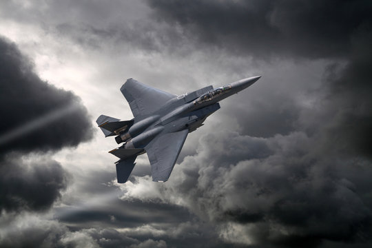 F-15 Eagle flying through the storm