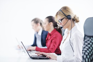 business woman group with headphones