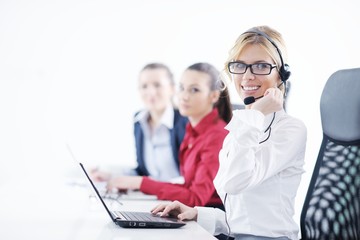 business woman group with headphones