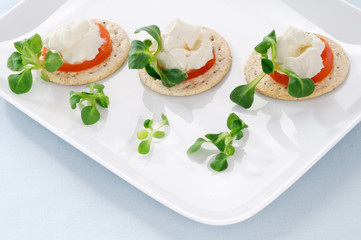 Tartine con formaggio, pomodoro e valeriana, finger food