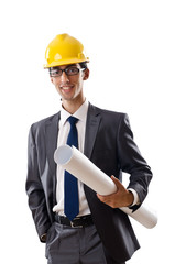 Young architect with drawings isolated on white