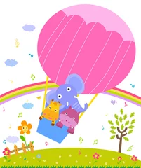 Zelfklevend Fotobehang giraf, nijlpaard en olifant in kleurrijke heteluchtballon © suerz