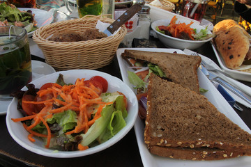 Sandwiches, salads, tea in the cafe.  Jerusalem. Israel
