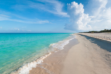 Idyllic beach of Caribbean Sea in Playacar, Mexico