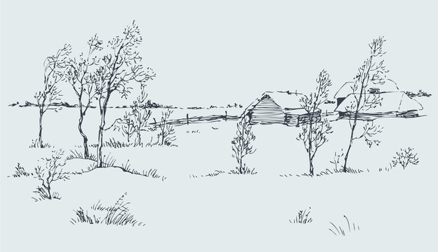 Vector rural landscape. A cold winter day