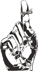 Sketch of Right hand with reminder string tied to index finger.