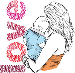 Sketch of mom and baby, vector illustration - 39893201