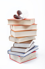 A stack of books on a white background.