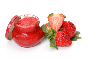 Fresh Strawberries with jam-jar closeup