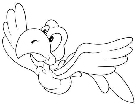 Flying Bird - Black and White Cartoon Illustration