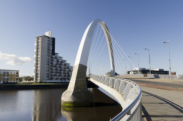Sunny view of Clyde Arc bridge in Glasgow, Scotland