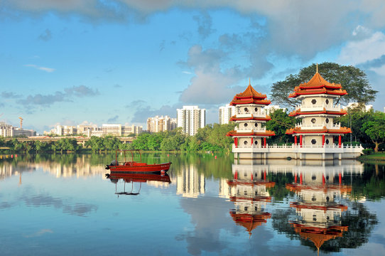 Pagodas beside a lake in Singapore