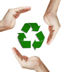 recycled paper sign floating between well shaped hand isolated o