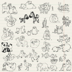 Naklejka premium Baby Animals with Moms - hand drawn in vector