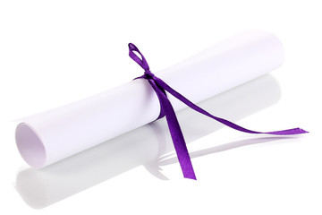 Graduation diploma tied with ribbon isolated on white