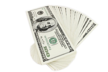 stack 100 dollars a fan on a white background