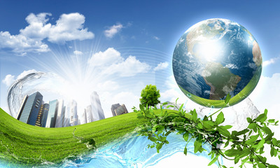 Green nature landscape with planet Earth