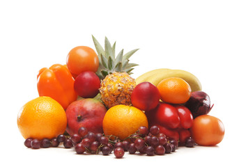 A pile of fresh and tasty fruits isolated on a white background