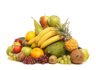 A pile of fresh and tasty fruits isolated on a white background
