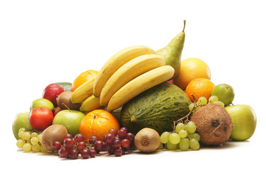 Fototapeta na wymiar A pile of fresh and tasty fruits isolated on a white background