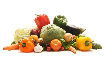 Pile of fresh and tasty vegetables isolated on white
