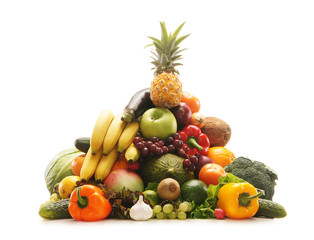 Fototapeta na wymiar Pile of fresh and tasty fruits and vegetables isolated on white