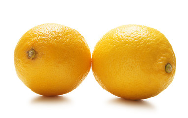 Two fesh and tasty lemons on a white background