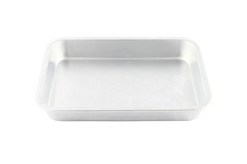 Stainless rectangle food plate on white background.