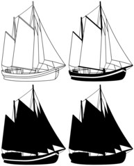 Segelboot Silhouetten Set mit vier Versionen Segelschiff