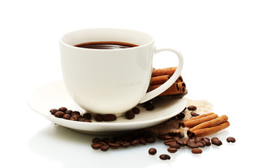 cup of coffee, beans and cinnamon sticks isolated on white