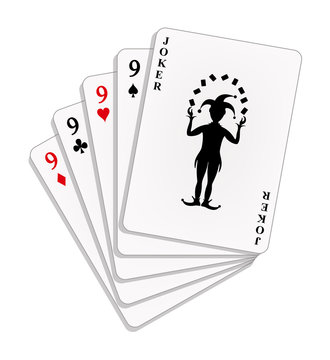 Playing cards - four nines and joker