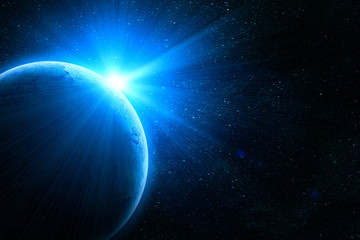 Fototapeta na wymiar blue earth in space with rising sun