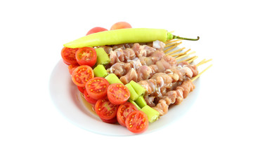 Fresh pork barbecue before grilled preparation from rear.