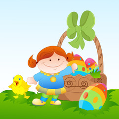 Obraz na płótnie Canvas Kid with Easter Eggs and Chick