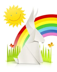 Rugzak natuurscène met konijn gemaakt van papier vectorillustratie © aleksangel