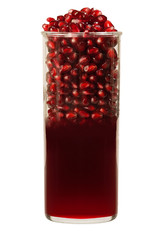 pomegranate seeds and juice in a glass