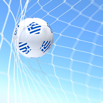 3d rendering of a Greece flag on soccer ball in a net